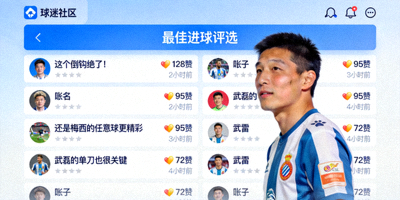 球迷社区热门话题讨论界面截图，显示最佳进球评选